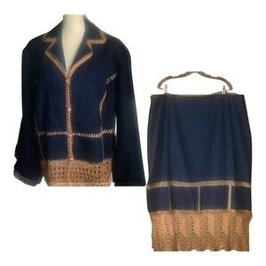 Vintage lew magram 2 piece Crochet trim jacket and skirt. SZ. 24W